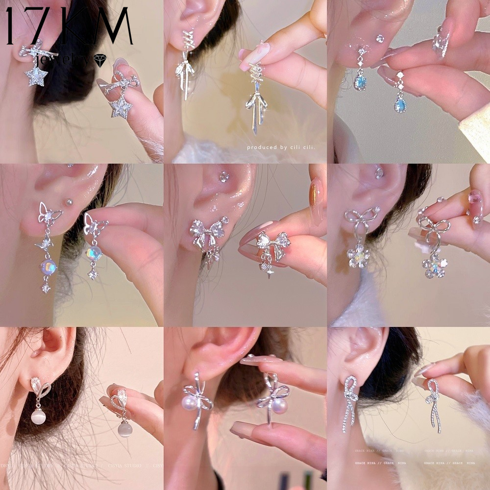 17KM Elegant Diamond Silver Earings for Women Hypoallergenic Pearl Zircon Bow Heart Stud Earrings Accessories Jewelry