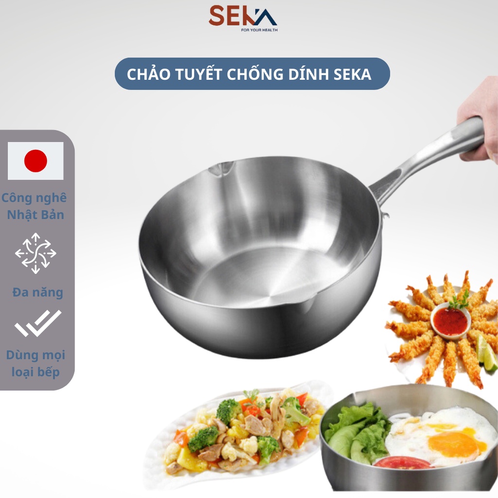 Chảo Inox SEKA nguyên khối chống dính size 22cm, 24cm, 26cm dùng cho mọi loại bếp tặng kèm vỉ gác ró