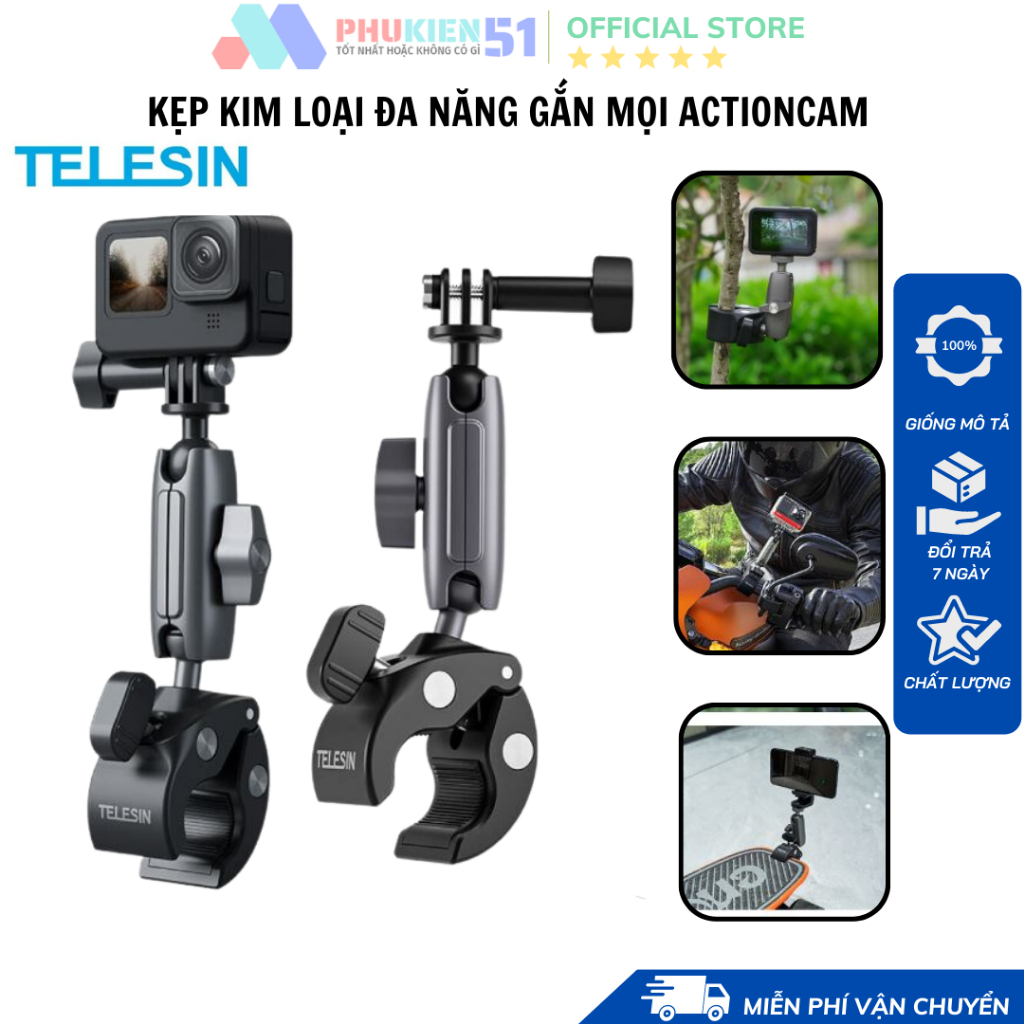 Kẹp kim loại Telesin 360 độ đa năng gắn ghi đông xe đạp xe máy gắn Actioncam, Gopro, Insta360 vít 1 4
