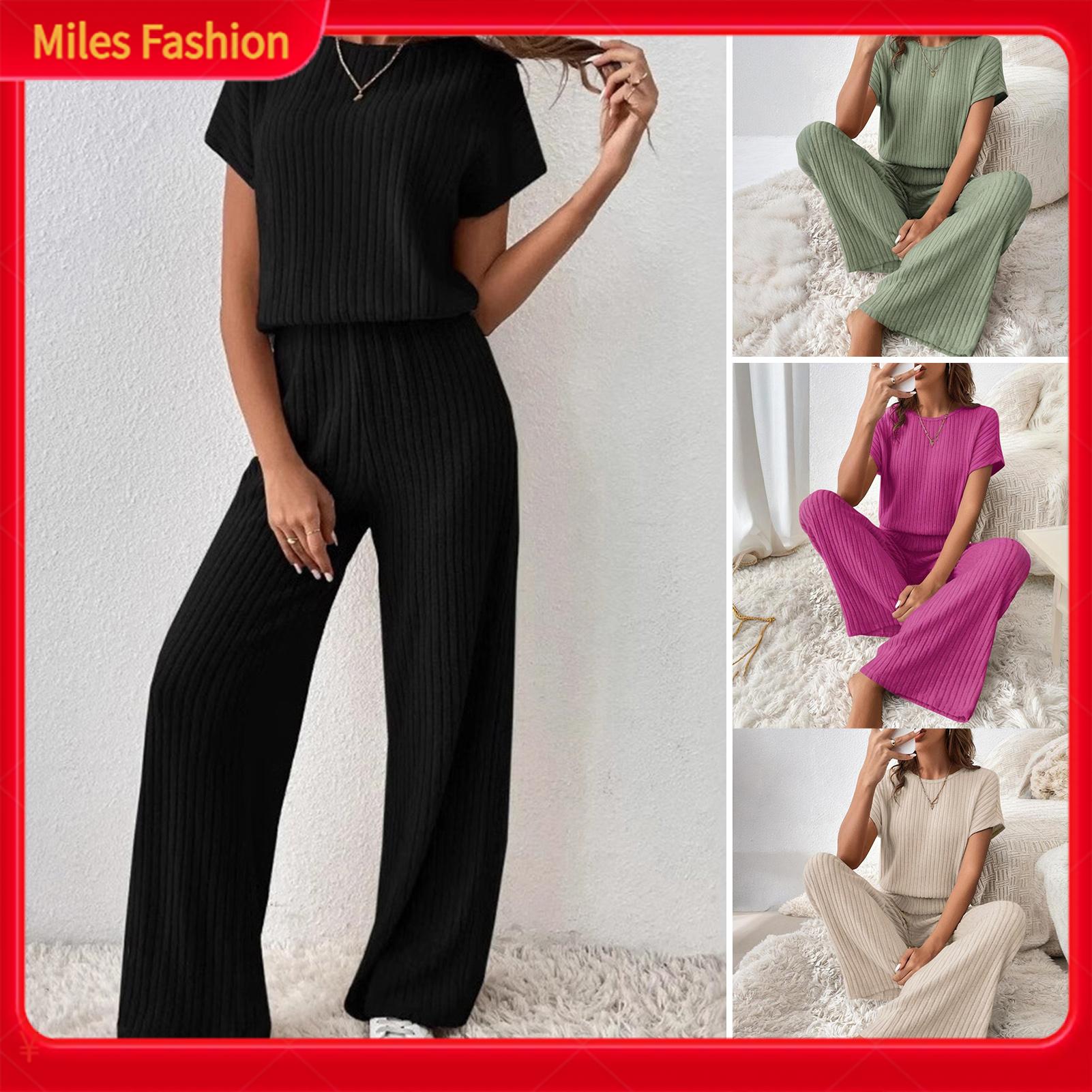 Hai Mảnh Trang Phục Phụ Nữ Dệt Kim Thiết Lập Ấm đan có gân Hai-Mảnh Bộ phòng chờ Cho Phụ Nữ Áo Len Ngắn Tay Top quần ống rộng Trang Phục Giản Dị Cho Mùa Xuân/Mùa Thu