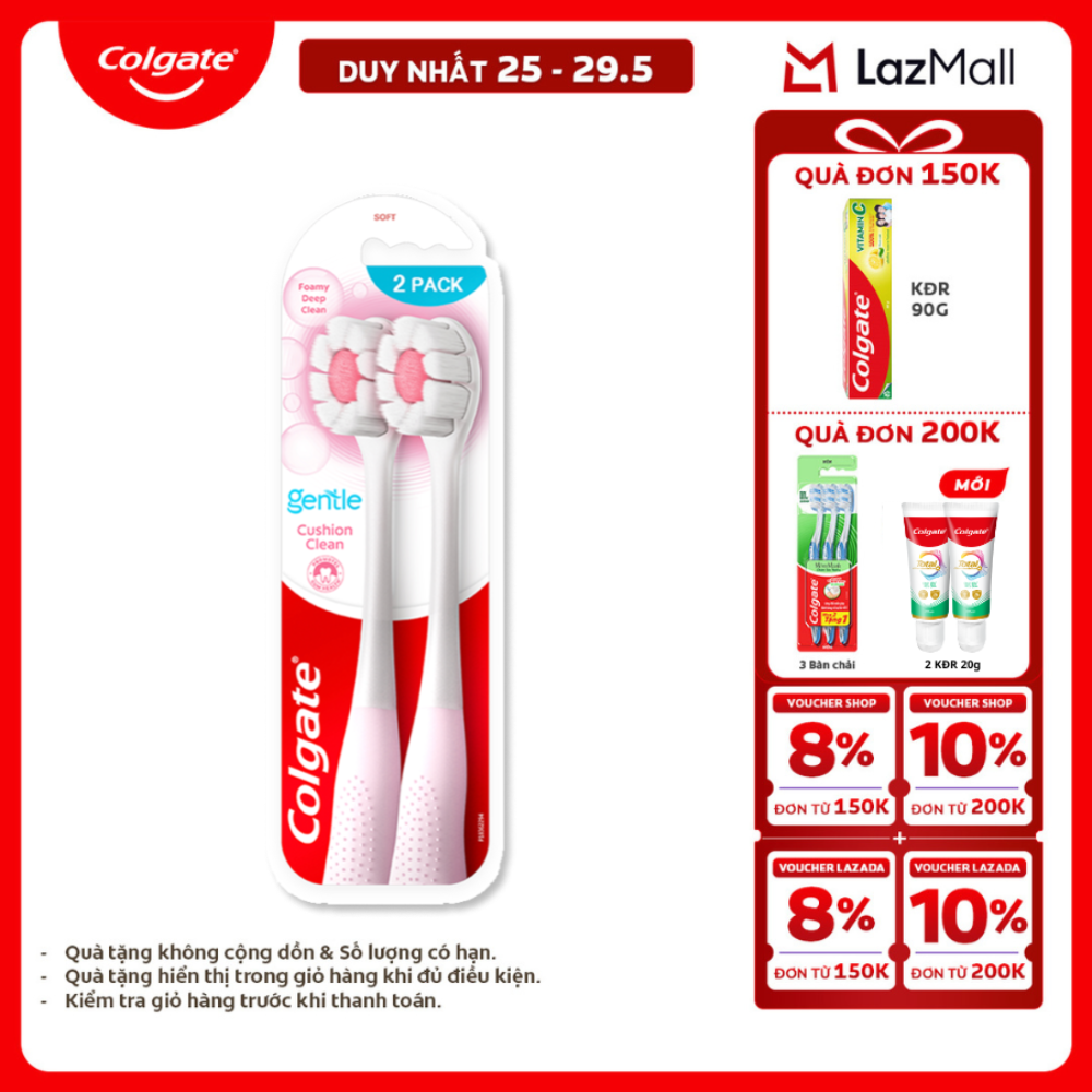 [Chỉ 25-29.5_X2 Voucher giảm 20%] Bộ 2 Bàn chải Colgate Gentle Cushion Clean lông chải siêu dày tạo bọt mịn