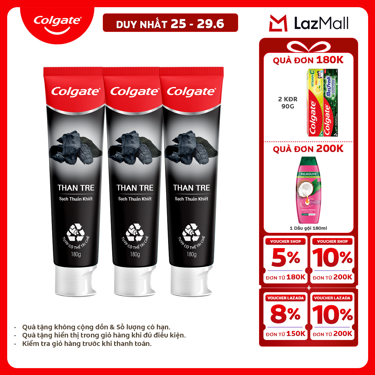 [Chỉ 25-29.6_X2 Voucher giảm đến 20%] Bộ 3 Kem đánh răng Colgate thiên nhiên khử mùi diệt khuẩn từ Than tre Hàn Quốc  bạc hà 180g/ tuýp