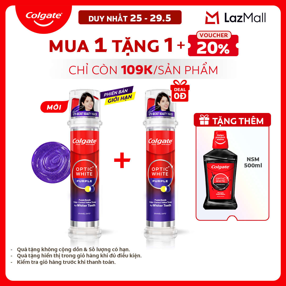 [Chỉ 25-29.5_X2 Voucher giảm 20%] [Phiên bản giới hạn] Kem đánh răng Colgate Optic White Purple x IU vòi nhấn thông minh, trung hòa sắc vàng cho răng trắng sáng hơn  130g/ ống