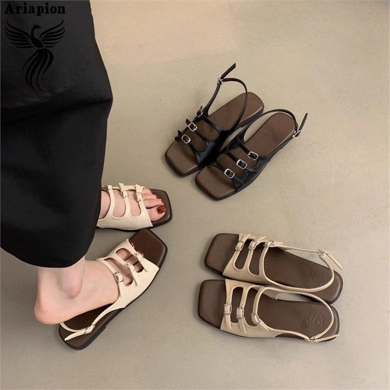 AriaPion丨Women's Roman Shoes Retro French Fairy Style Square Toe Buckle Sandals ราคา 70 บาท*ส่งฟรี