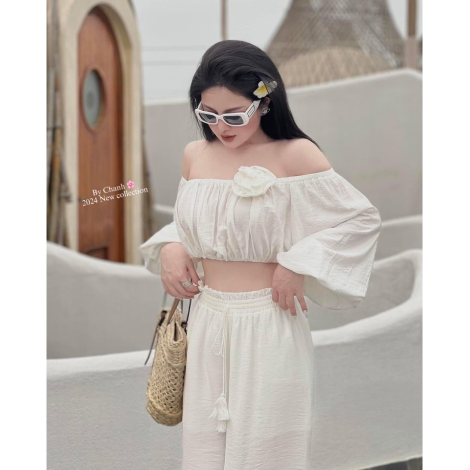 Set đồ nữ sang chảnh tiểu thư áo croptop trễ vai tay bồng dài phối quần suông dài ống rộng thiết kế 