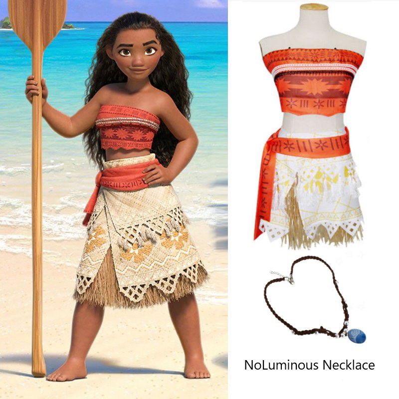 Girls Princess Moana Costume Vaiana Sling Dress Girl Set Clothes with  Necklace Cosplay Halloween Costumes Girls