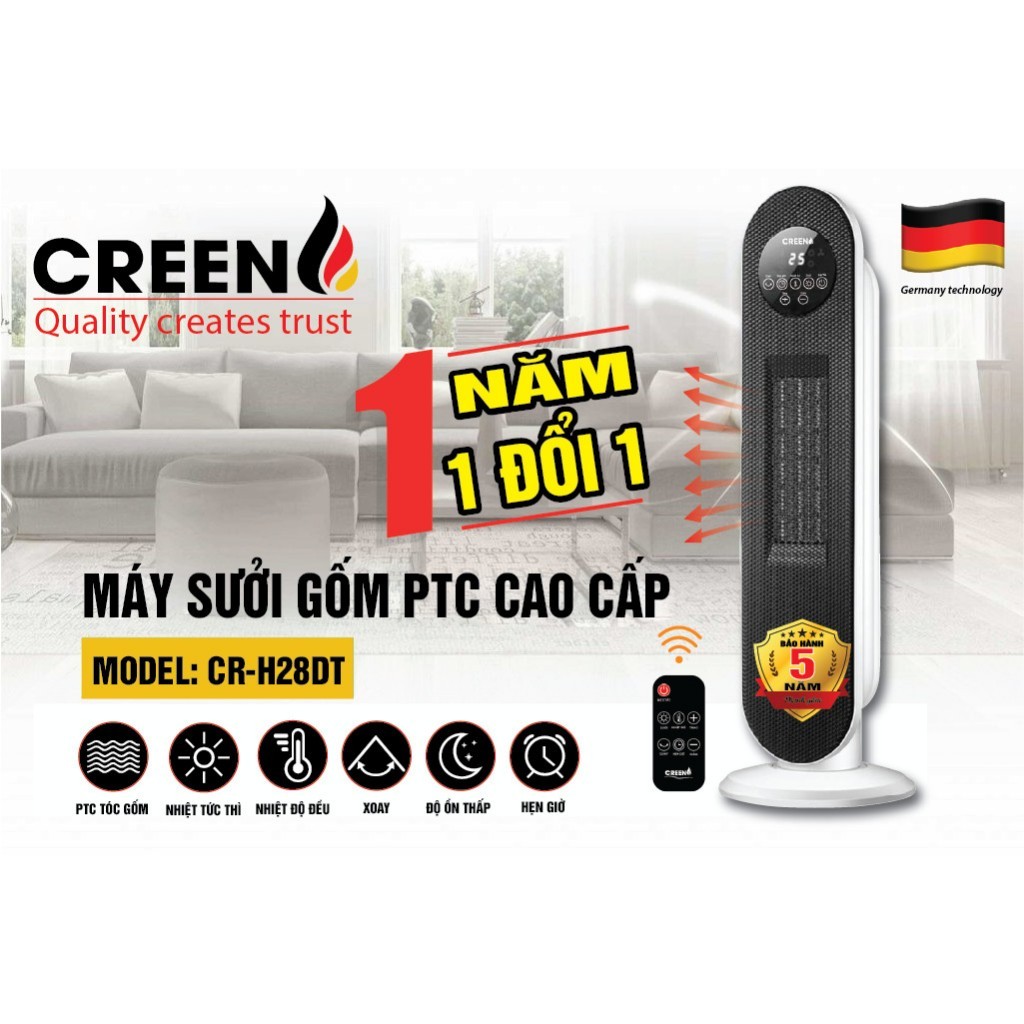Máy Sưởi Gốm Ceramic Inverter Creen CR-H28DT 2000W, Điều Khiển Từ Xa - Quạt Sưởi Thông Minh Công Suất 2000W Lỗi 1 Đổi 1