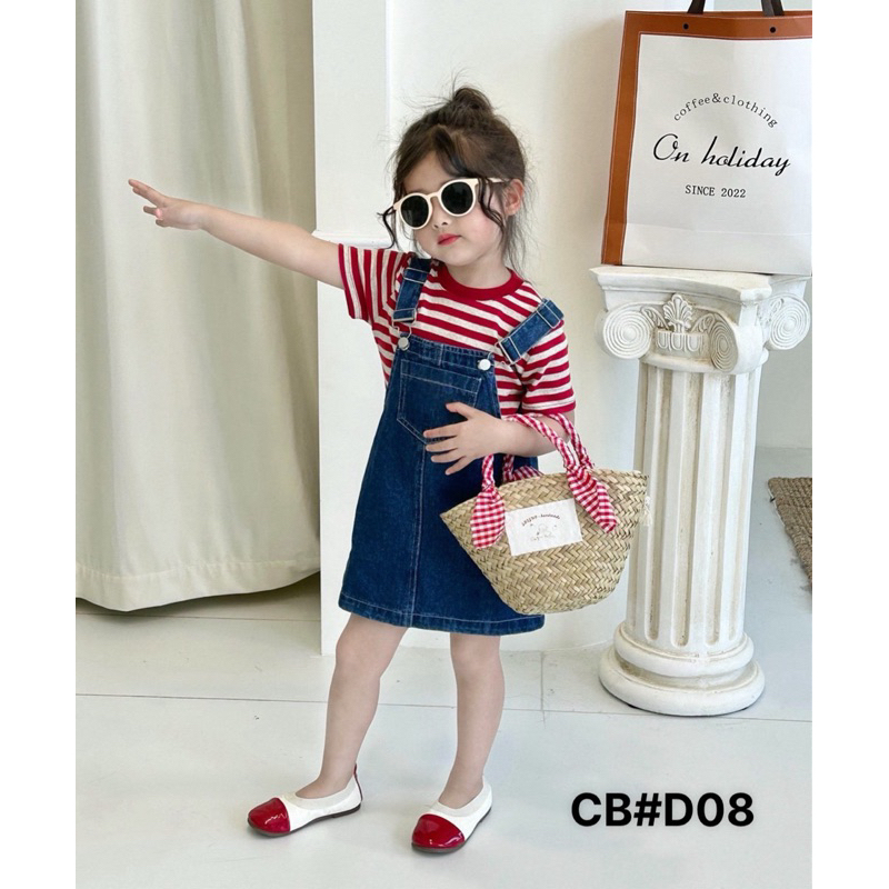 Set áo kẻ đỏ D08 ngắn tay kèm yếm bò jean cho bé gái