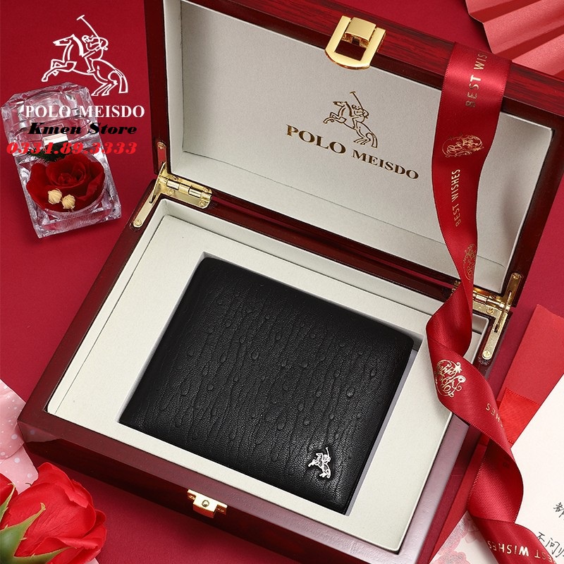 Ví da nam polo meisdo cao cấp, bóp nam ngang full hộp và túi xách giấy hãng sang trọng làm quà tặng pl32
