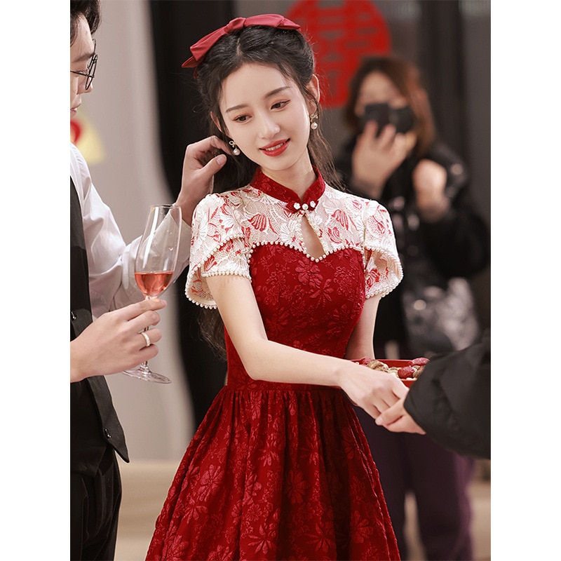 Red Vietnam Ao dai Women Dress Summer Cheongsam Suit Include Pants