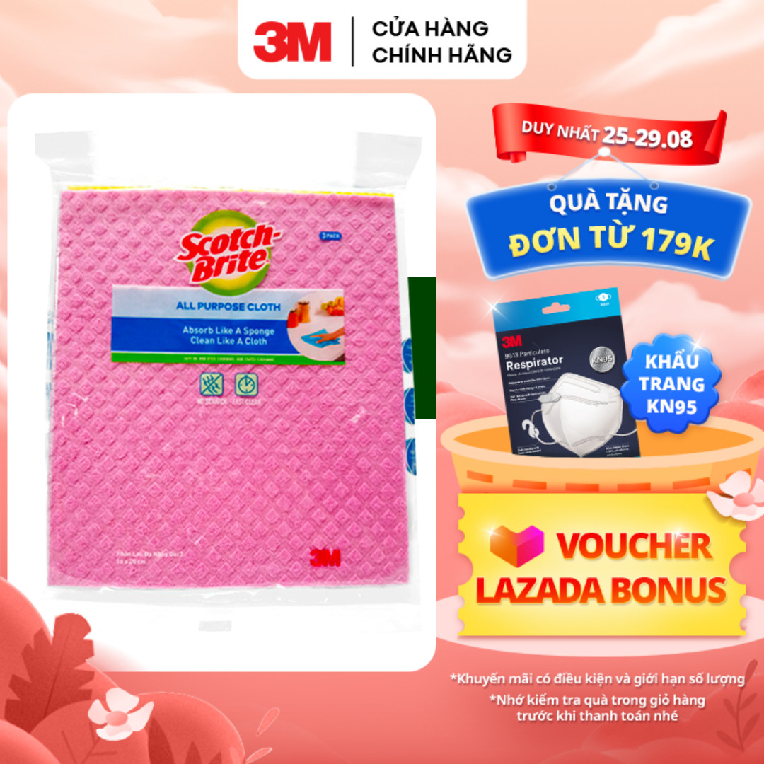 Combo 3 Khăn lau đa năng 20x18cm 3M™ Scotch-Brite®, không để lại bụi, tự phân hủy 100%
