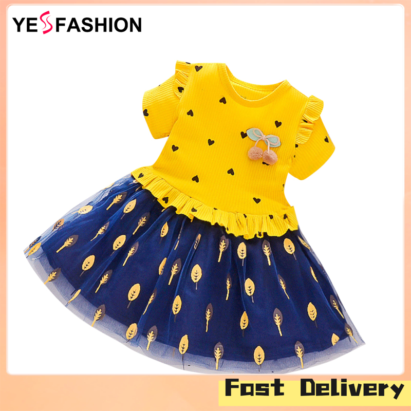 Yesfashion Store IN stockGirls Tutu Skirt Cotton Love Shape Leaves Printed Short-sleeved Crew-neck Tulle Wedding Dress ราคา 151 บาท*ส่งฟรี