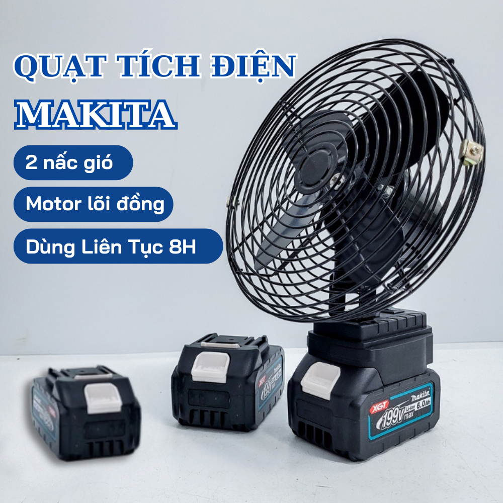 Quạt Tích Điện dùng Pin Dùng 8H, Quạt Makita, Quạt Để Bàn Tích Điện 2 Cấp Độ Gió Siêu Mát
