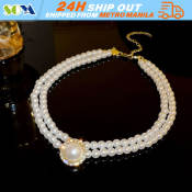 Double Layer Pearl Jewelry Set with Green Zircon Pendant
