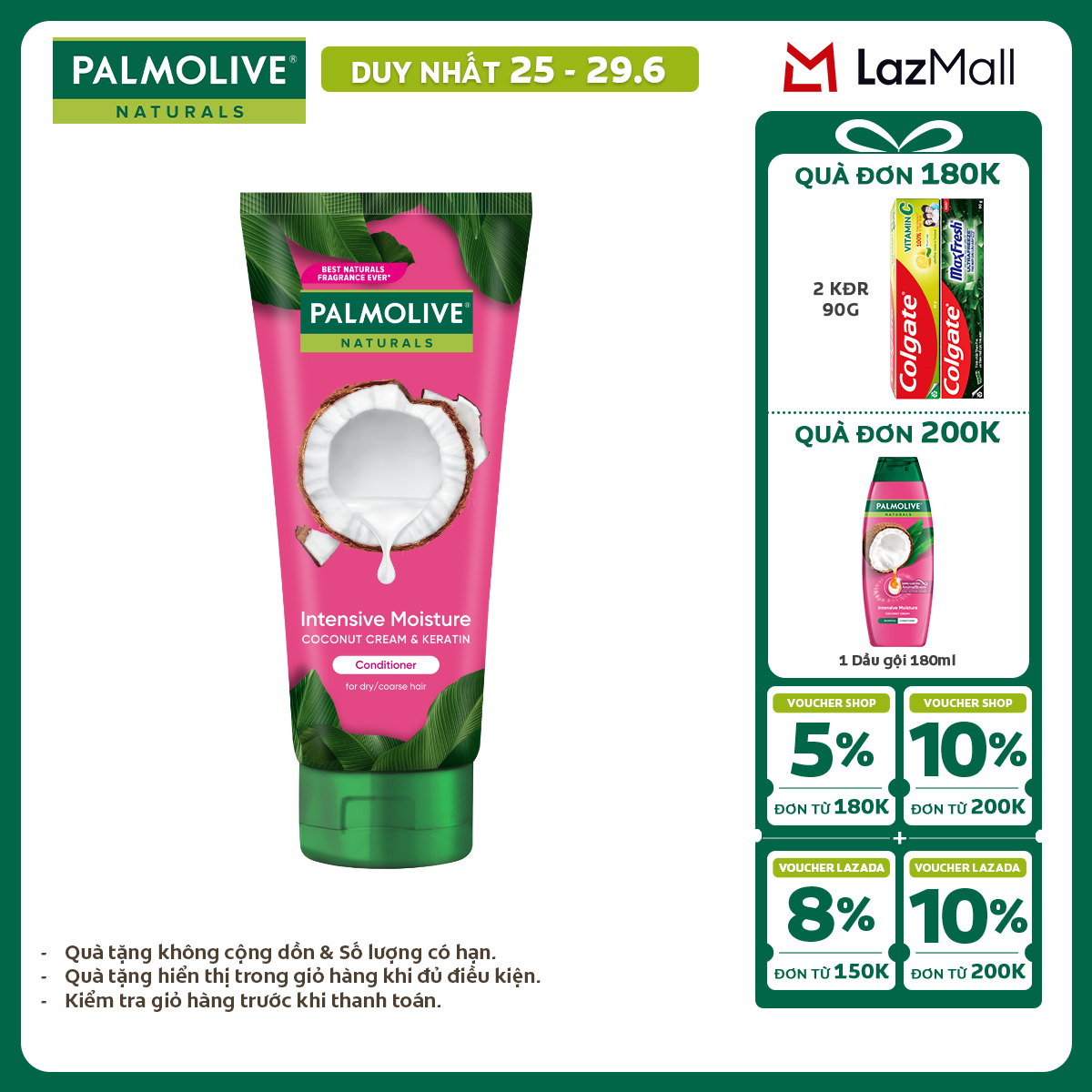 [Chỉ 25-29.6_X2 Voucher giảm đến 20%] [MỚI] Dầu xả Palmolive chiết xuất thiên nhiên  keratin cho tóc mềm mượt, lưu hương bền lâu 180ml
