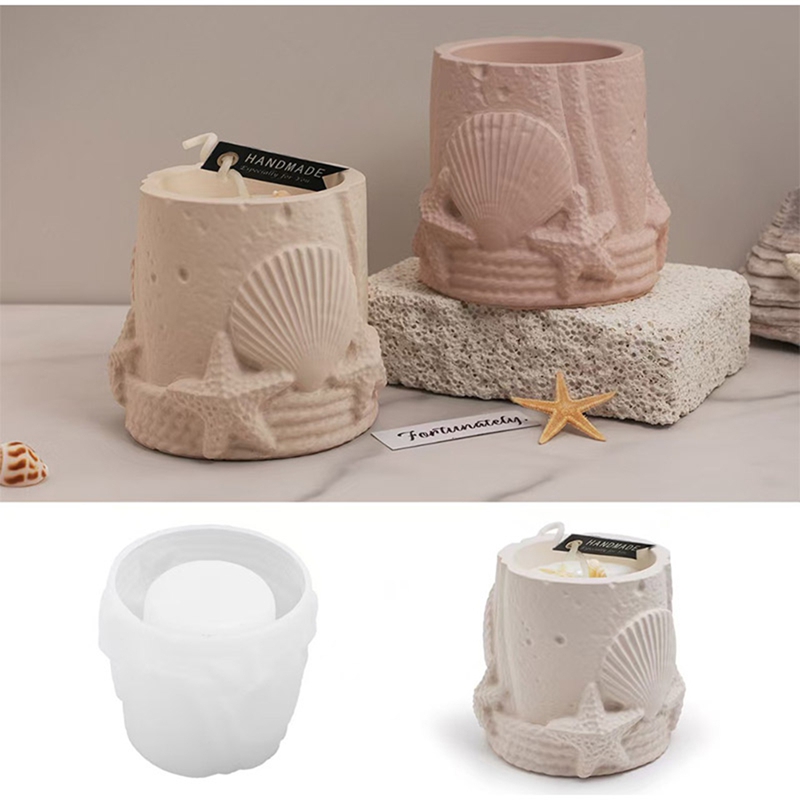 Shell Starfish Cylindrical Candle Jar Silicone Mold DIY Gypsum Cement Aromatherapy Container Embossed Ornament Mould