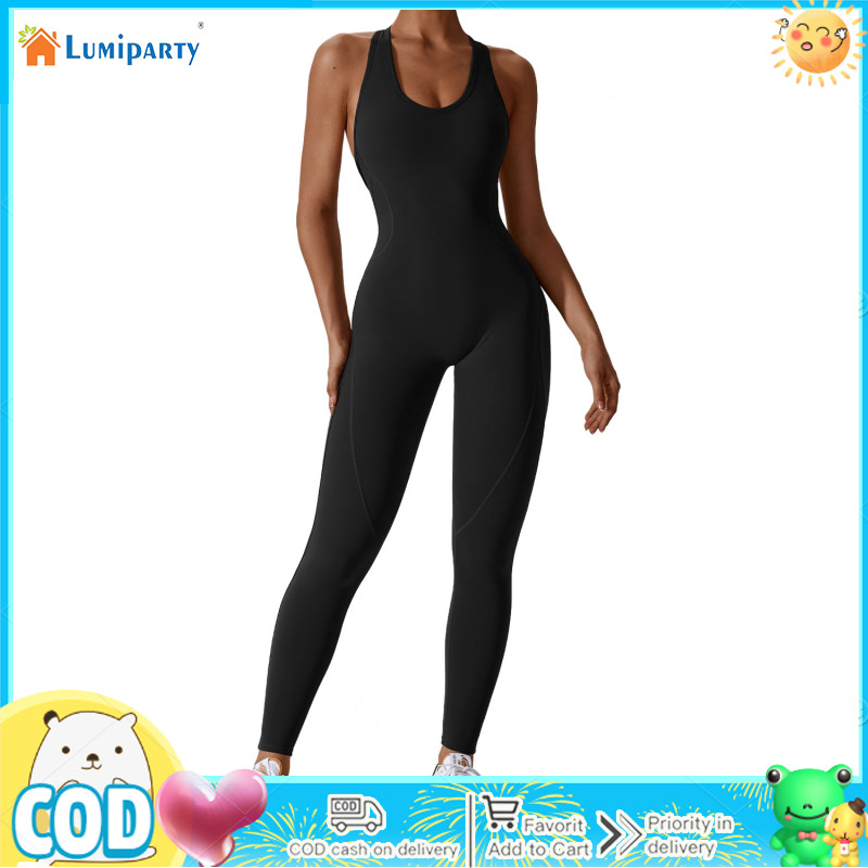 Women Ribbed Jumpsuits With Bra Padded Solid Color U Neck Sleeveless Long Pants Yoga Romper Workout For Training Sports ราคา 543 บาท*ส่งฟรี