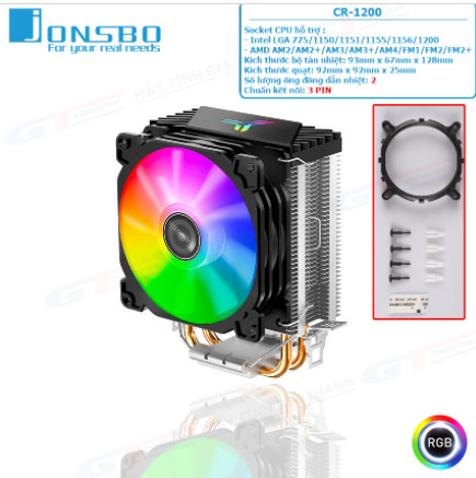 Quạt Tản Nhiệt, Fan CPU JONSBO CR1200 Led RGB- Mới 100%, Bảo Hành 3 Tháng