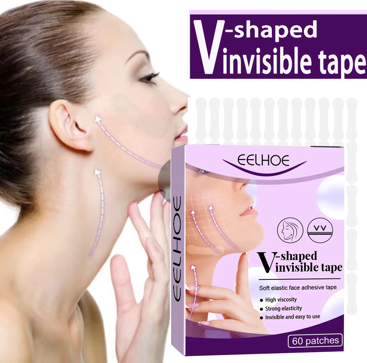 Eelhoe miếng dán mặt mỏng vô hình hình chữ v băng dính nâng cằm hình chữ v nâng cằm nếp nhăn đường viền mặt miếng dán trang điểm mỏng miếng dán nâng mặt