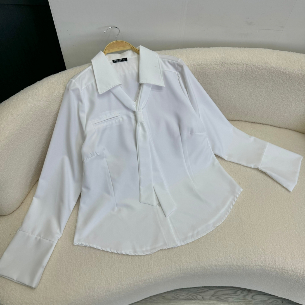 Áo Sơ Mi Nữ Kiểu Tay Dài Kèm Vạt Cà Vạt Phong Cách Hàn Quốc Vải Lụa Chéo Kẻ Sọc CÓ BIGSIZE SM168