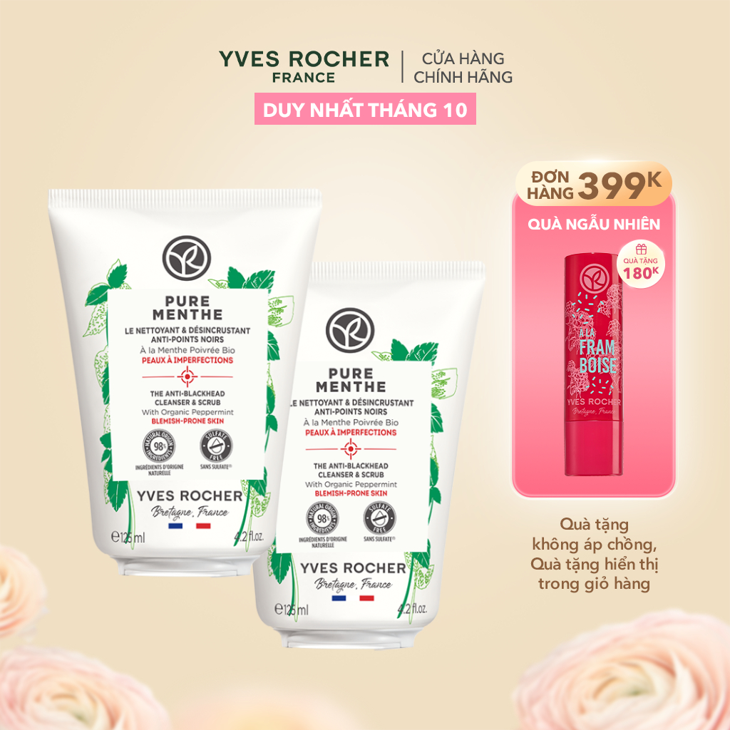 Combo 2 Sữa rửa mặt tẩy tế bào chết và mụn đầu đen Yves Rocher Pure Menthe 3in1 Cleanser Pore Clearing 125 ml