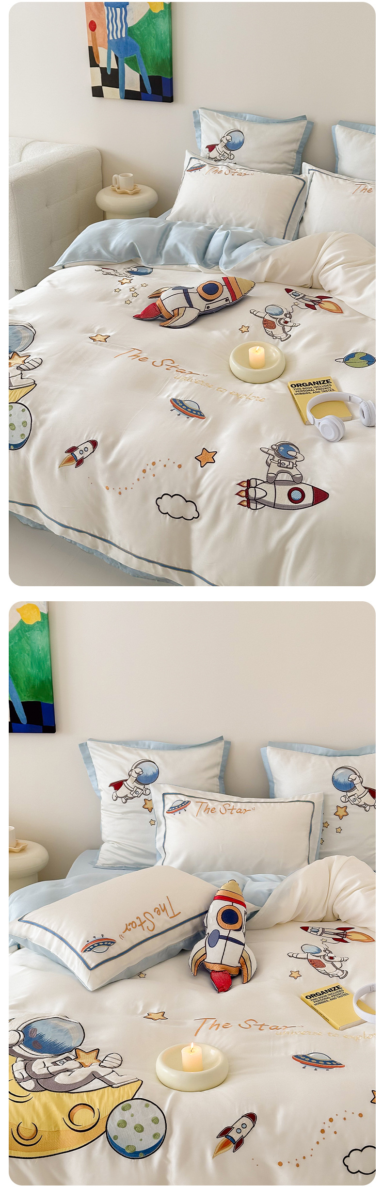 Set di biancheria da letto Cartoon Embroidery 100 Blue Essence Set quattro pezzi in Tencel bifacciale con lenzuolo e copripiumino in seta ghiacciata fresca per bambini AoyuejhaSD-CB