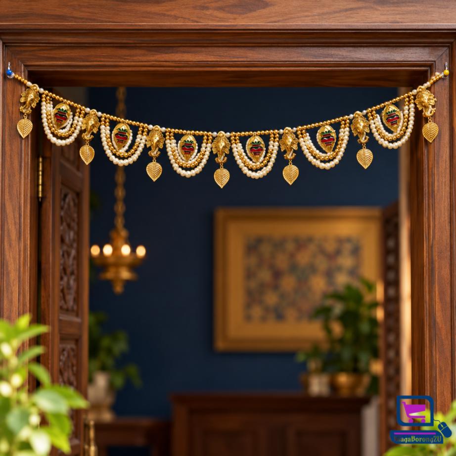 BT26 Ganesha Kalash Thoranam 100cm Door Hanging with Gold-Tone Kalash Leaf Charms & Pearl Beads for Pooja Room & Deepavali Decor
