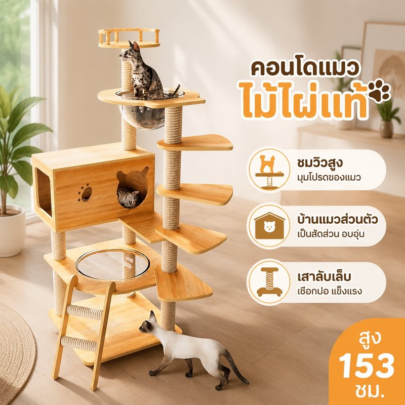 Hypet คอนโดแมว โครงปีนแมว บ้านแมวหลายชั้น บันไดหมุน เสาลับเล็บ ฐานกว้างมั่นคง สำหรับแมวตัวเล็ก ราคา 2,161 บาท*ส่งฟรี