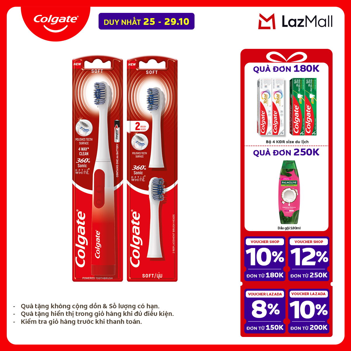 [Chỉ 25-29.10_X2 Voucher giảm đến 22%] Bàn chải điện Colgate Sonic 360 Charcoal công nghệ sóng âm ru
