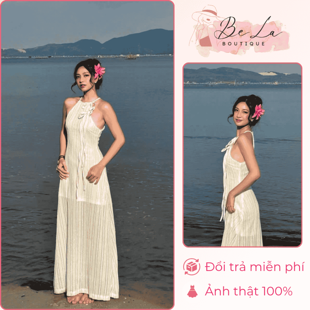 Đầm maxi trắng ren cổ yếm đính nơ vai BeLa Boutique 359, Đầm Dài Nữ Thanh Lịch, Thời Trang Dự Tiệc, Dạo Phố, Đi Chơi
