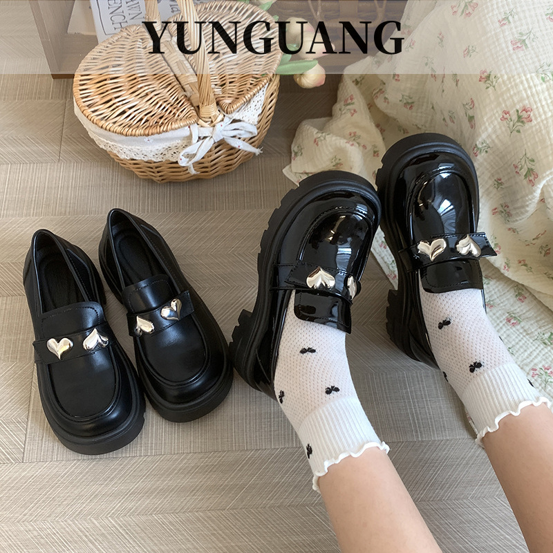 YUNGUANG Anh retro màu đen giản dị phong cách Anh Giày Da Đế dày Giày gót dày