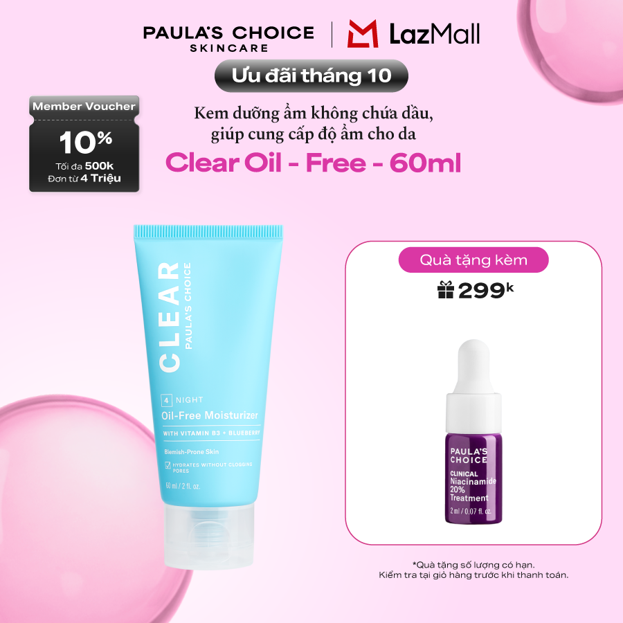 Kem Dưỡng ẩm dịu nhẹ không chứa dầu dành cho da mụn Paula’s Choice Clear Oil-Free Moisturizer 60ml- 3800