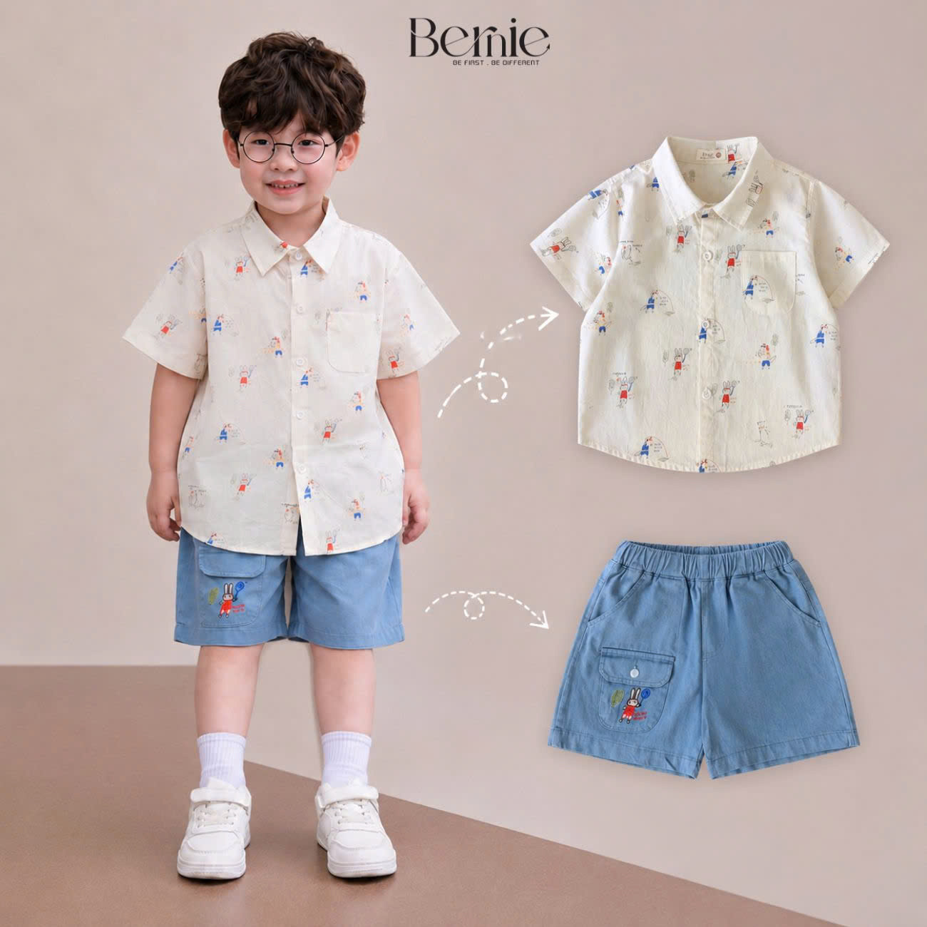 Set bộ áo sơ mi tay ngắn họa tiết Pony Sport kèm quần short denim size 11kg tới 28kg BERNIE H1225B39
