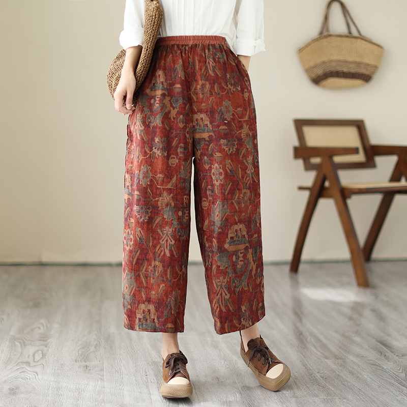 Fairytaill mùa xuân và mùa hè mẫu mới quần ống rộng lỏng thắt lưng co giãn tương phản quần in quá khổ 201p163