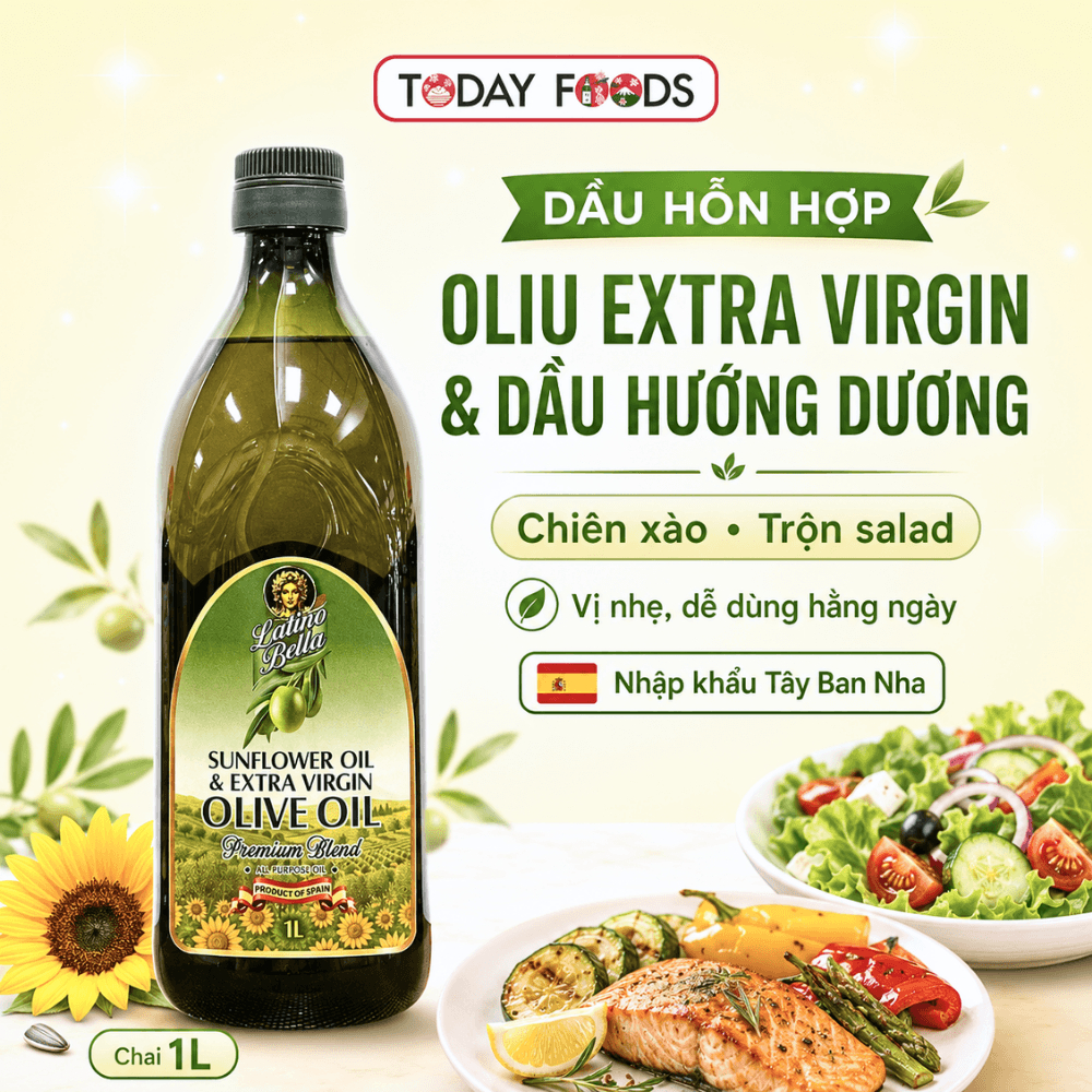 Dầu hỗn hợp oliu Extra Virgin và dầu hướng dương Latino Bella 1L | Chiên xào, trộn salad, nhập khẩu Tây Ban Nha