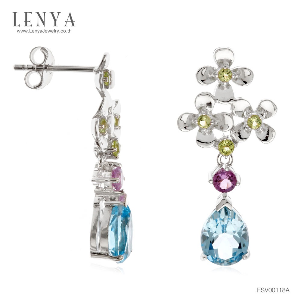 Lenya Blue Topaz Gemstone Earrings Enhance Confidence, Clarity, and Intelligence. Size 8X6 Mm. 925 Sterling Silver Body with White Gold Plating. ราคา 4,200 บาท*ส่งฟรี