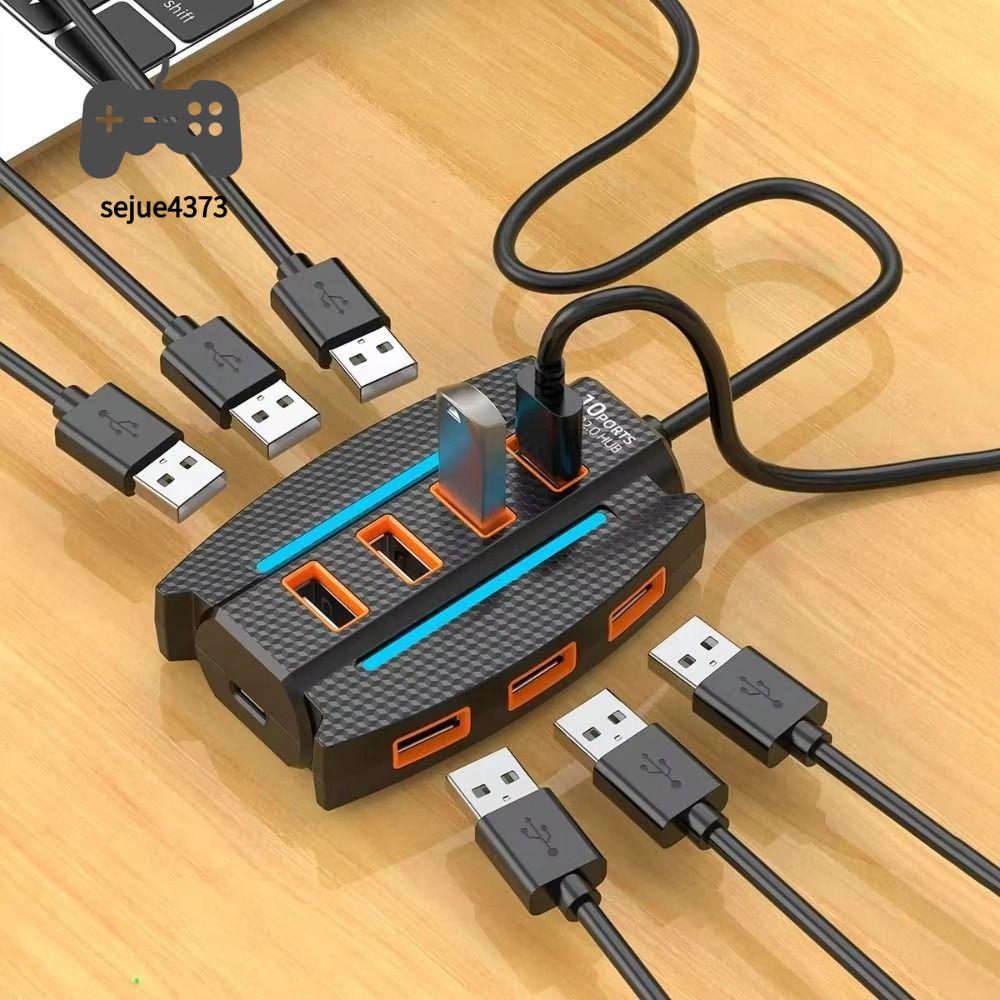 SEJUE4373 Đèn nền RGB Bộ chia USB 2.0 10 cổng Bộ chuyển đổi USB Kéo dài HUB USB2.0 10 trong 1 Phần mở rộng USB Tốc độ cao Bộ mở rộng cổng USB Máy in bàn phím chuột