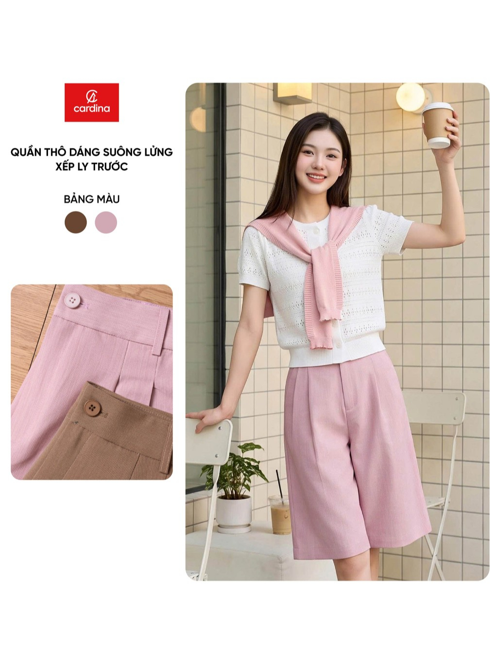 Quần lửng nữ CARDINA chất liệu thô dáng suông xếp ly trước 6QLT08