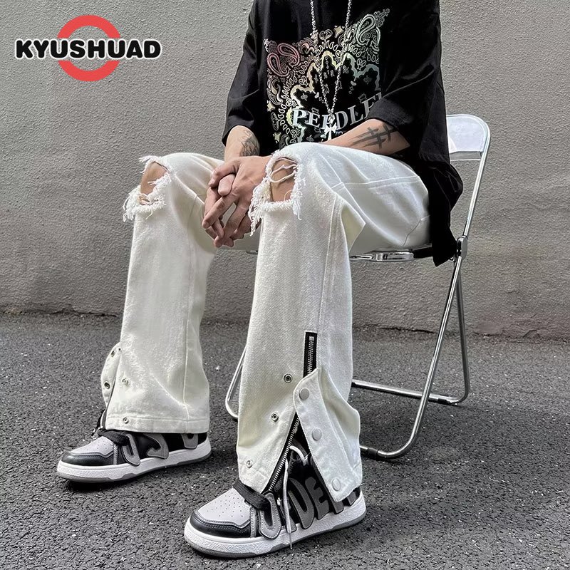 KYUSHUAD Men's ripped jeans new youth pop literary fashion mayor pants women's high-waisted ins trendy lazy Harajuku jeans men's and women's straight pants