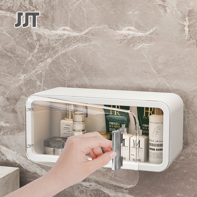 JJT Hộp lưu trữ khăn mặt, không đục lỗ, dưới bàn, hộp lưu trữ trang điểm treo tường, cửa cửa nhựa, hộp lưu trữ phòng tắm
