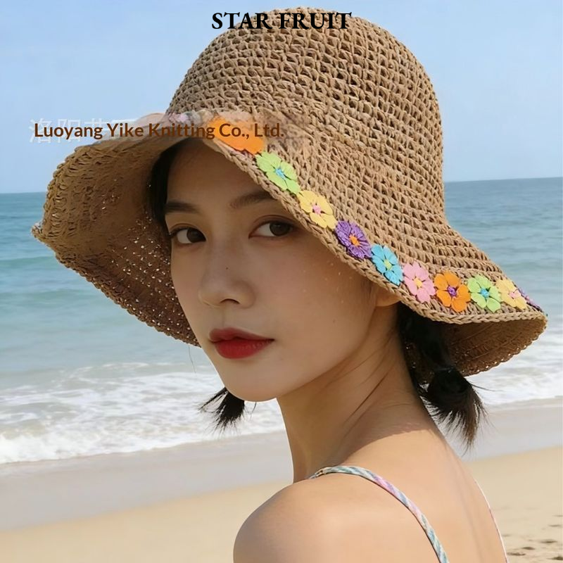 STAR FRUIT⭐ Sun Protection Hat Cute Flowers Woven Straw Hat Wide Brim Sun Protection Sun Hat Summer Beach Vacation Fashion All-Matching ราคา 69 บาท*ส่งฟรี