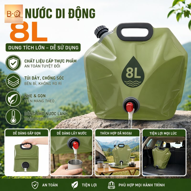B-HQ Túi đựng nước 8L gấp gọn chất liệu an toàn thực phẩm nhựa dẻo dày chống rò rỉ có vòi ngoài trời dã ngoại cắm trại