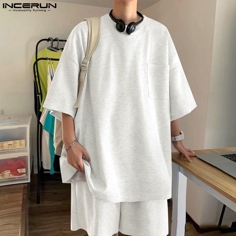  Bộ đồ thường ngày thể thao nam hiệu incerun Áo thun có túi cổ tròn tay ngắn Bộ đồ quần đùi thắt lưng co giãn rộng  phong cách Hàn Quốc  