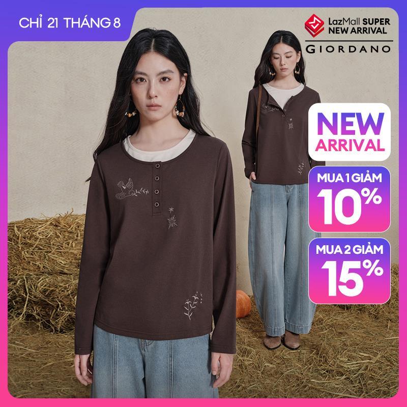 GIORDANO Women T-Shirts Fake Two-Piece Embroidery Tee Contrast Crewneck Long Sleeve Fashionable Casual T-Shirts 18326232