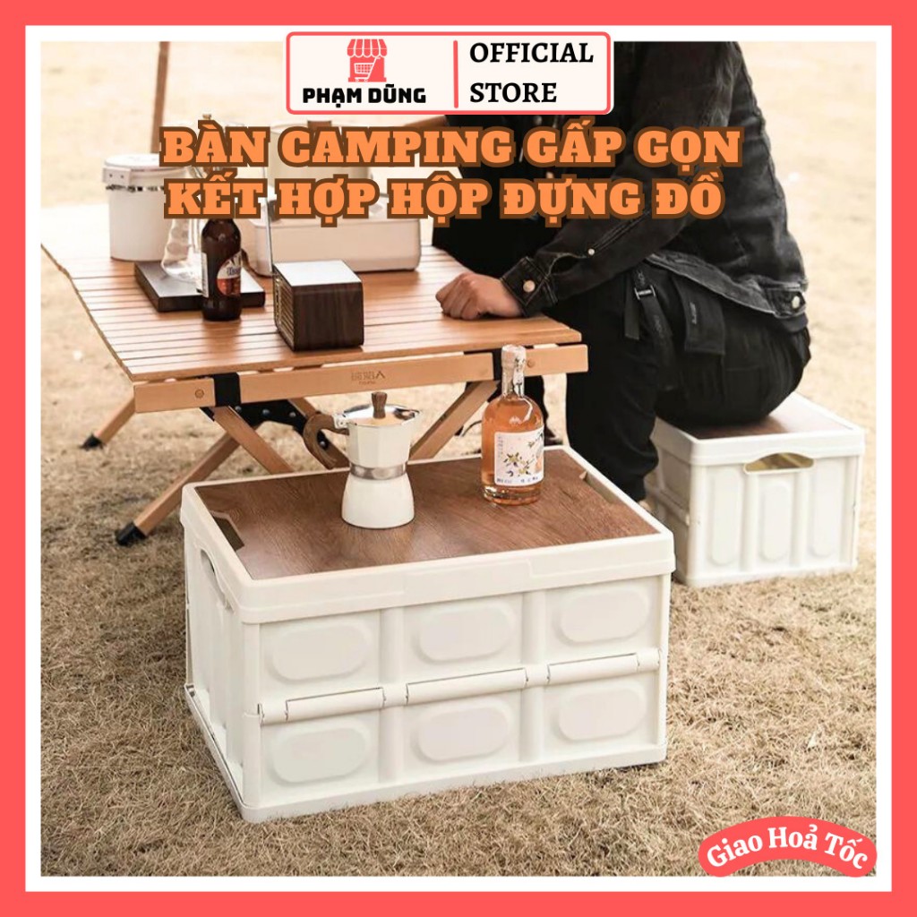 Bàn camping gấp gọn kết hợp hộp đựng đồ đa năng bằng nhựa, nắp vân gỗ để đi cắm trại, dã ngoại, picnic