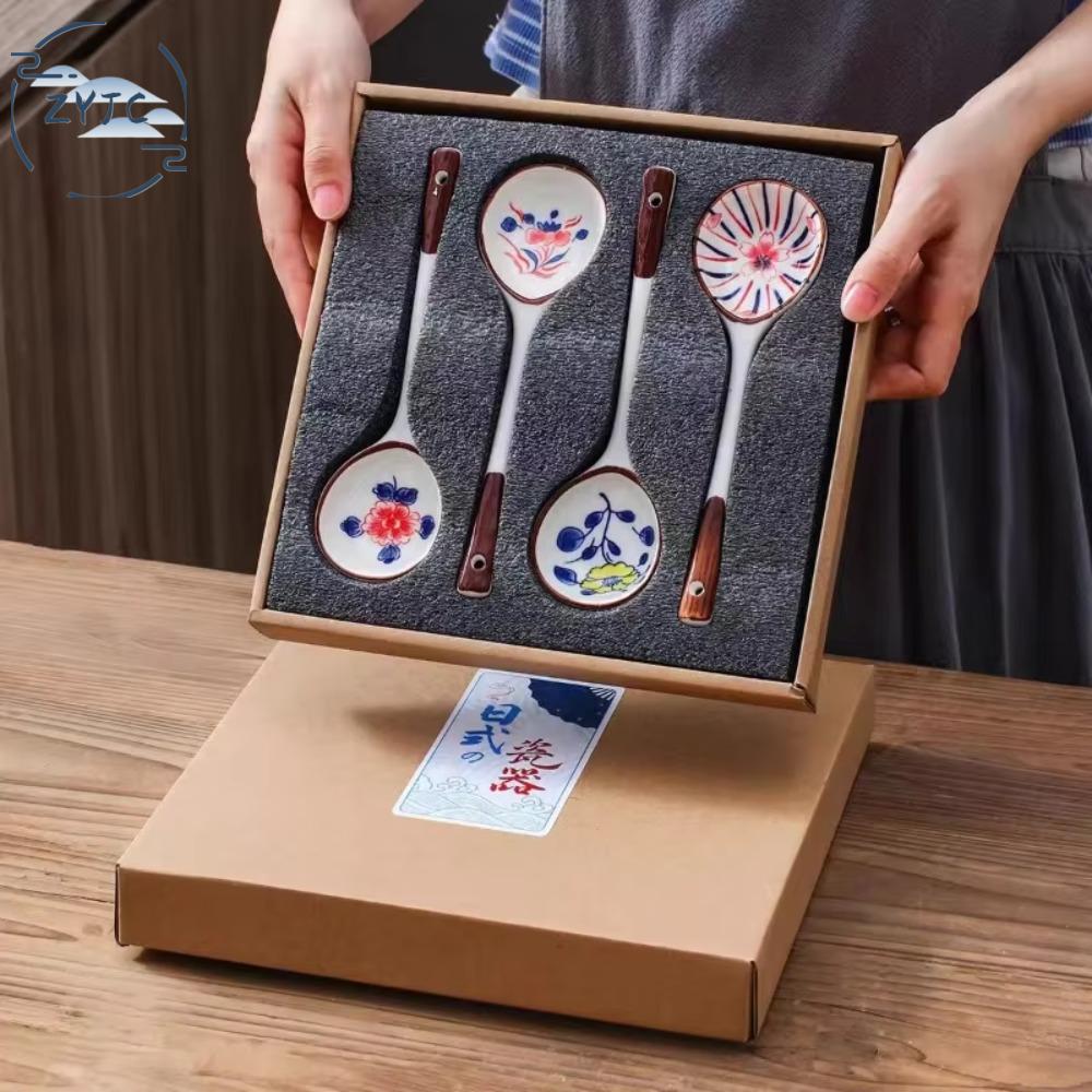 ZYJC SHOP Vẽ tay Bộ quà tặng thìa súp gốm Tay cầm dài Chịu nhiệt Muỗng tráng miệng Sáng tạo Phong cách Nhật Bản Muỗng súp miso ramen Bạn ơi