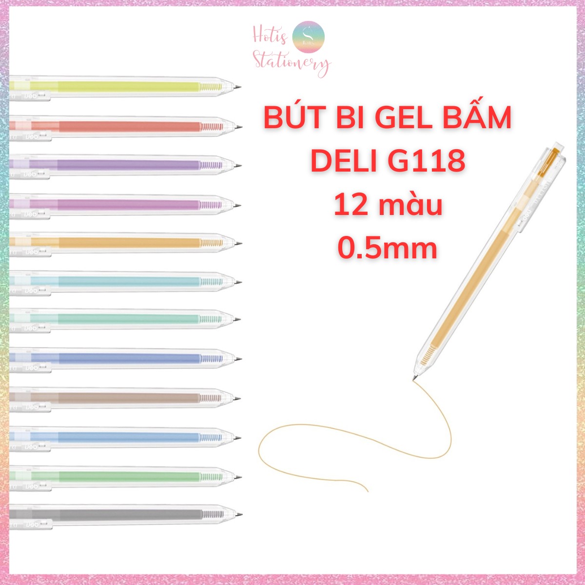 [HOTIS] Bút bi gel bấm 12 màu ngòi 0.5mm DELI Delight Gel Pen nhanh khô viết đều trơn tru lâu hết mự