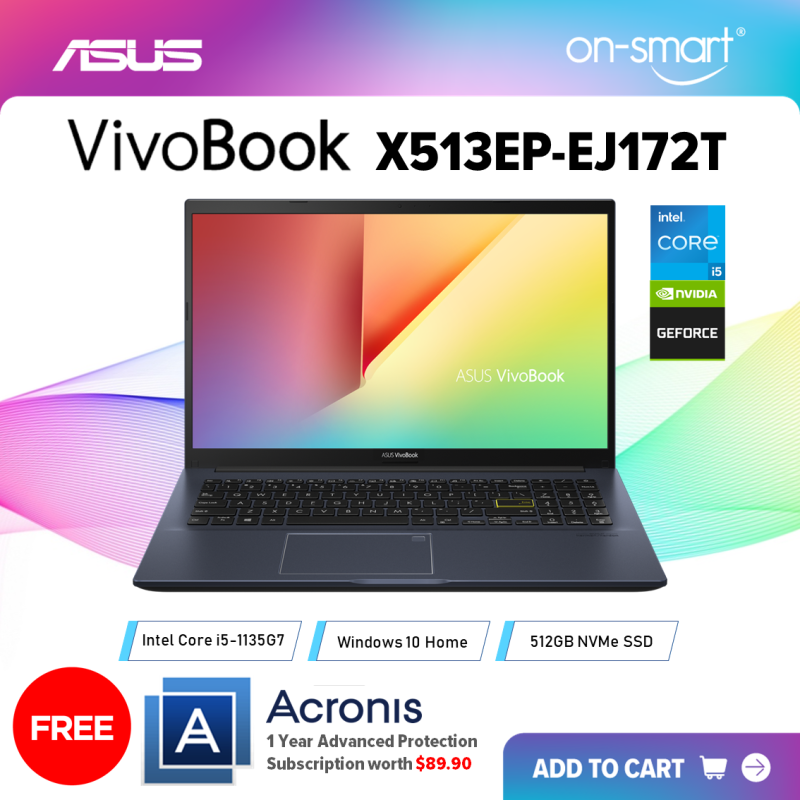 【Next Day Delivery】ASUS VivoBook 15 X513EP-EJ172T | Intel Core i5-1135G7 Processor | 8GB RAM | 512GB NVMe SSD | NVIDIA GeForce MX330 | Windows 10 Home | 1 Year International Warranty | FREE Acronis Subscription | OnSmart