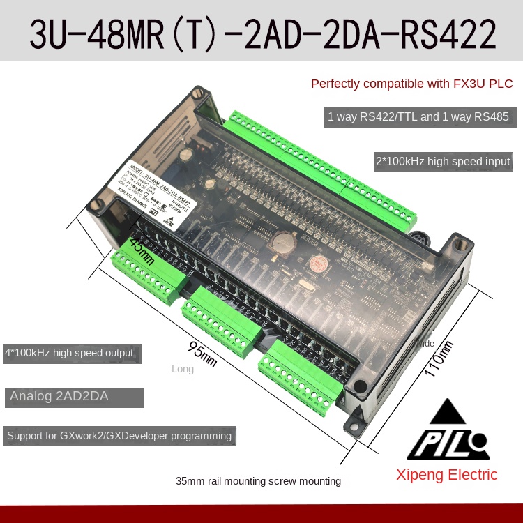 Board Mạch PLC Mitsubishi PTL FX3U 48MT-2ad2da-422 SP3U MRT-2AD/2DA RS485 10-48MR/MT tải chương trình RS422/TTL nguồn điện 24V GX-Works2