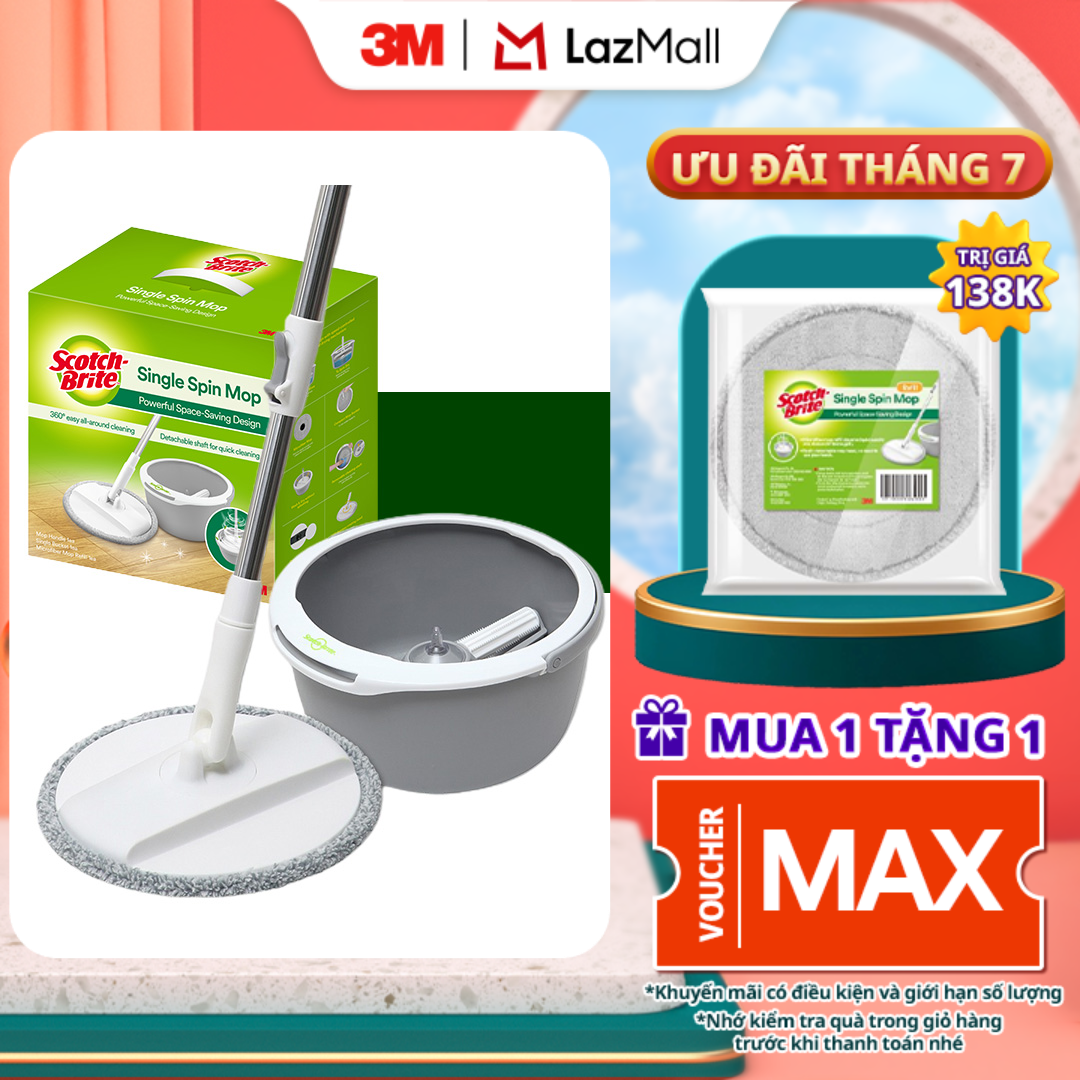 Bộ cây lau nhà 360 độ thông minh thế hệ mới 3M™ Scotch-Brite™, tích hợp giặt và vắt, 18x33x33 (cm), Dùng vệ sinh sàn nhà